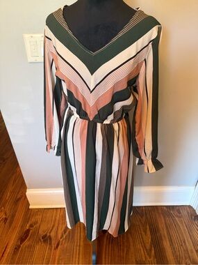 Striped V-Neck Long Sleeve Dress in Green, Pink & Cream